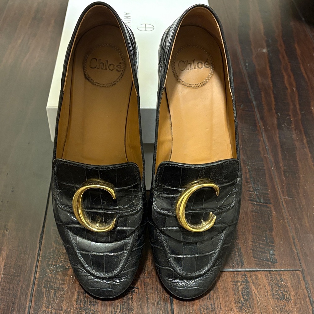 Chloe Black Croc-Embossed Convertible Loafers with Gold Detail